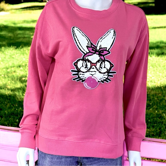 Bubble gum bunny chenille Easter holiday pullover S M XL - Picture 2 of 8
